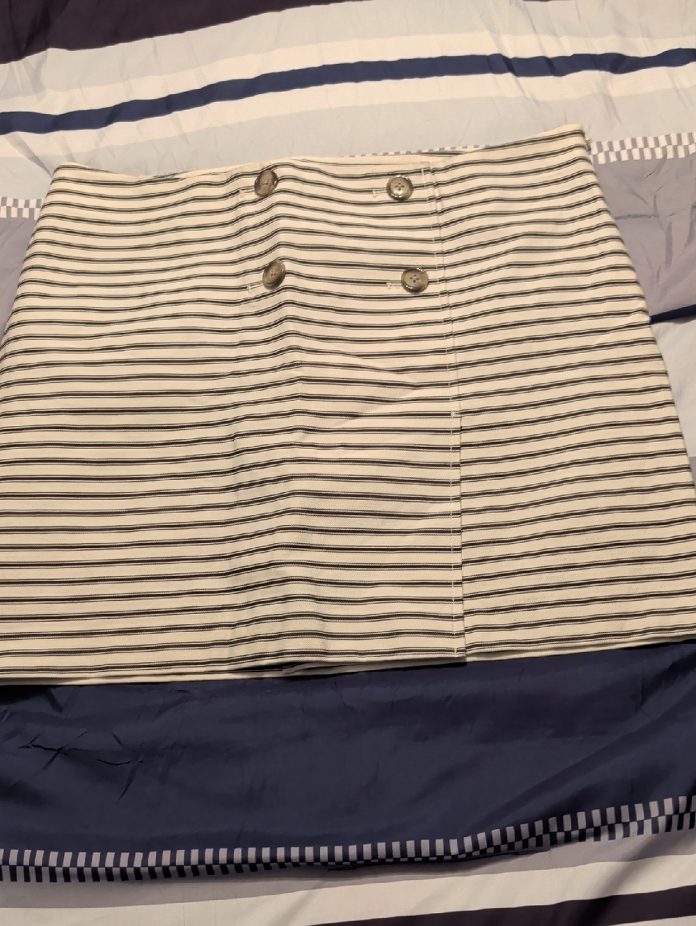 LOFT Ivory Mini Skirt with Black Stripes and Button Detail